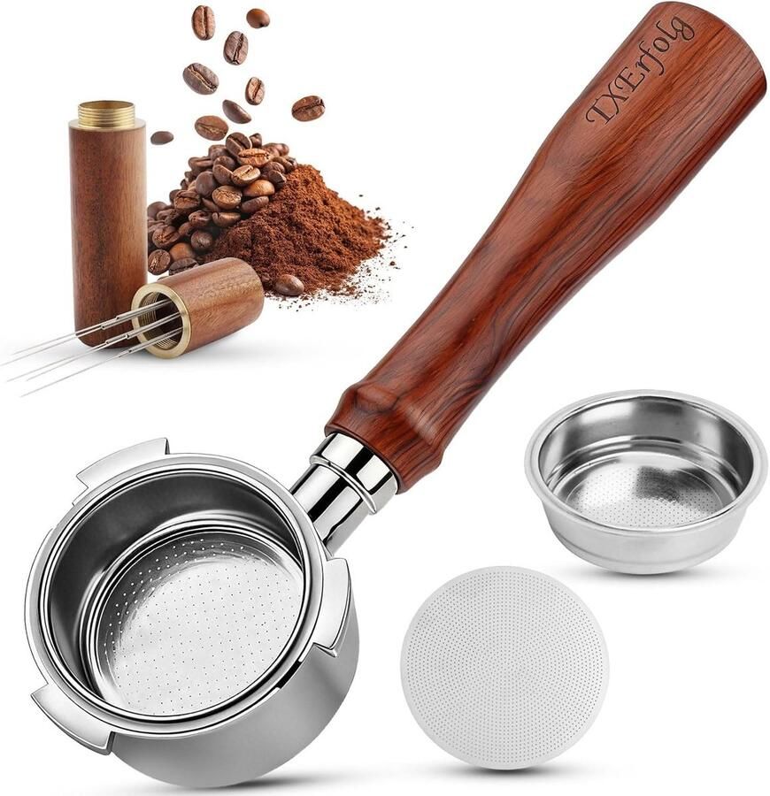 51 mm bodemloze filterhouder 3 oren compatibel met Delonghi Dedica EC680 EC685 SMEG en EUPA walnoot houten handvat Bottomless portafilter inclusief filtermand roestvrij staal espresso