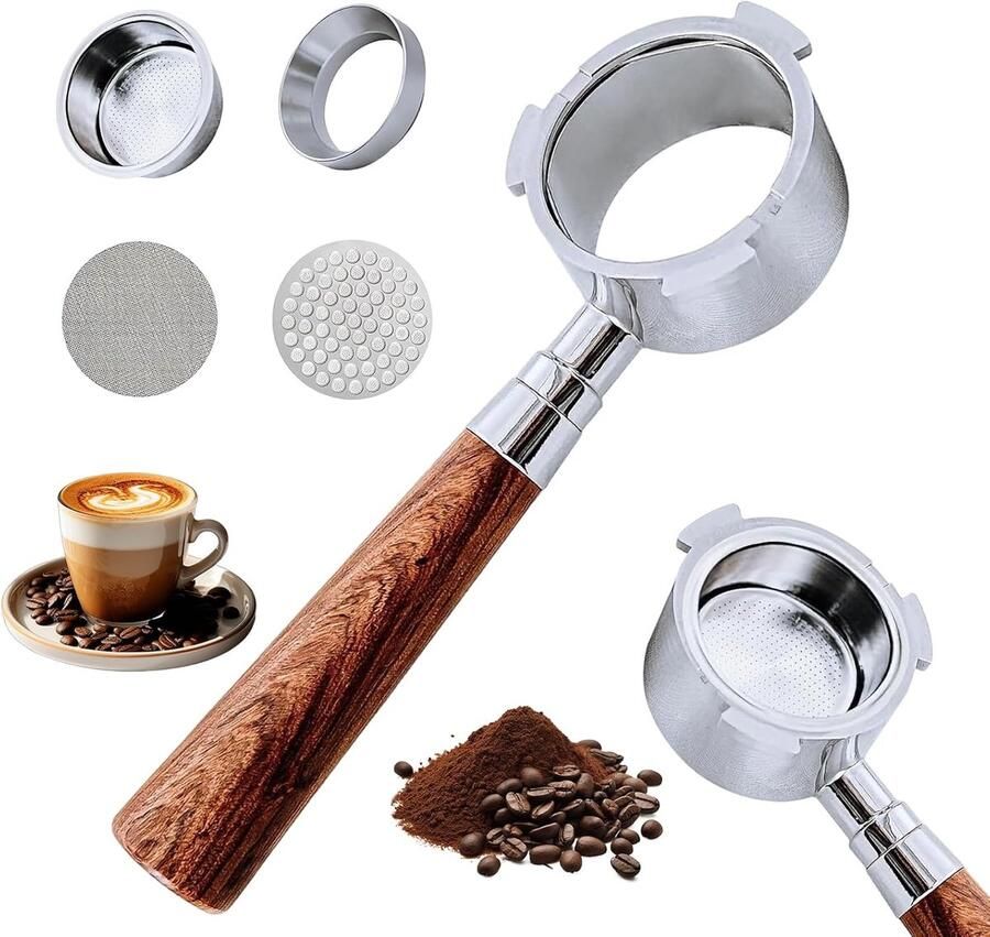 51 mm bodemloze portafilter 3 oren professionele espresso-portafilter inclusief puck scherm espresso doseertrechter dubbele shot filtermand walnoot handvat voor DeLonghi EC680 EC685 EC885 machines