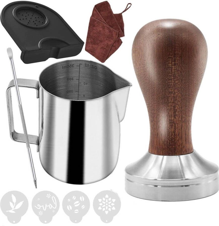 51mm Koffie Sabotage Set Barista Kit voor Portafilter Machine Hout Espresso Sabotage Mat Melkkan 350 ml Barista Handdoek Latte Art Pen Decoratieve Stencils Coffee Portafilter