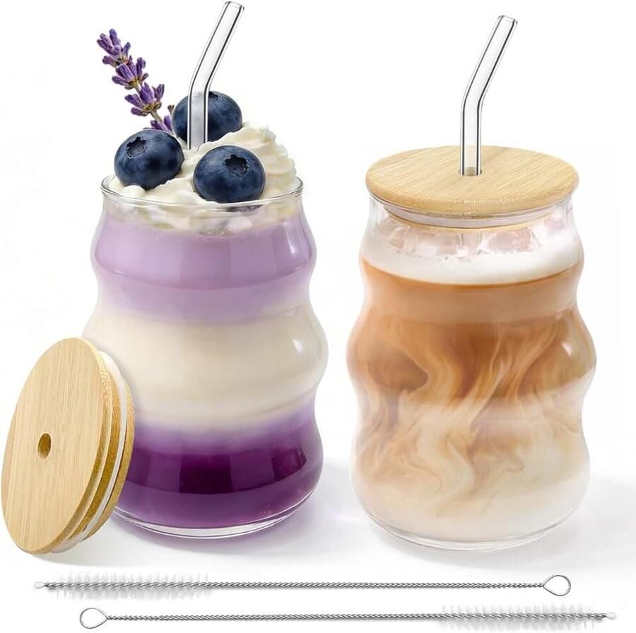 530 ml geribbelde drinkglazen met deksel en rietje 2 stuks bubble glazen latte macchiato glazen koffieglazen tumbler glazen beker voor iced coffee smoothie cocktail