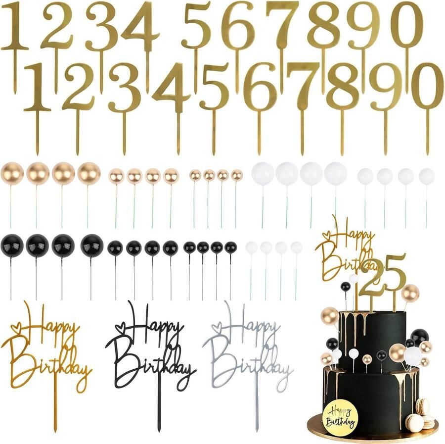 59 stuks zwart wit goud taartdecoratie ballen zwart zilver goud Happy Birthday taartdecoratie taarttopper met cijfers 0-9 geschikt voor verjaardagen bruiloften en