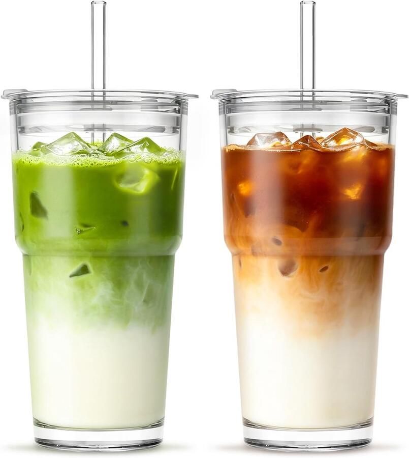 590 ml doorzichtige glazen beker met deksels en rietjes 2 stuks ijskoffiekop drinkglazen met rietje voor smoothie latte ijskoffie matcha en meer elegant en duurzaam