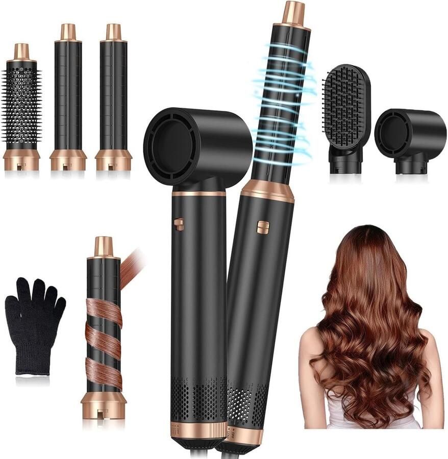 5pcs multifunctionele met warme luchtborstel haarföhn automatische krultang föhn zwart