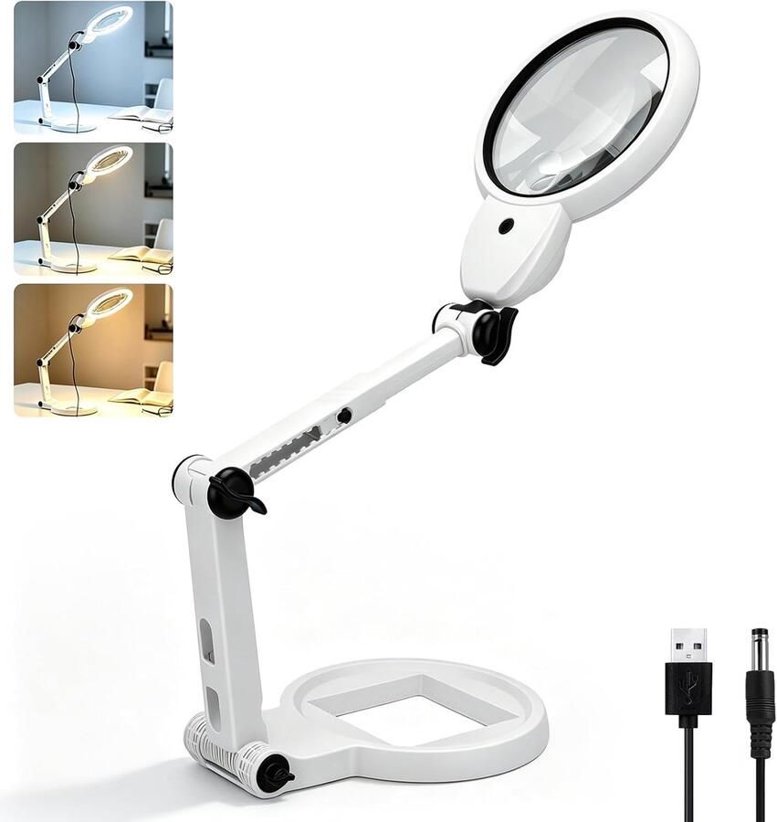 5X 10X 20X Staande loep met licht en standaard vouwbare loeplamp met USB-opladen 3-in-1 loeplamp met 18 LED HD-lens Ideaal als tafelloep met verlichting om te lezen knutselen en repareren