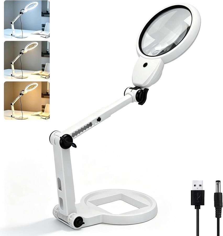 5X 10X 20X Staande loep met licht en standaard vouwbare loeplamp met USB-opladen 3-in-1 loeplamp met 18 LED HD-lens Ideaal als tafelloep met verlichting om te lezen knutselen en repareren