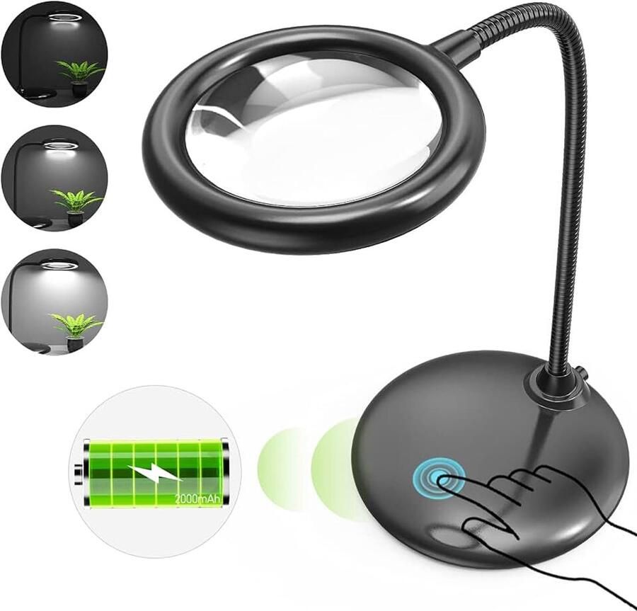 5x Vergrootglas met Licht en Standaard Oplaadbare LED-Vergrootglaslamp met Standaard Bureaulamp met Vergrootglas voor Lezen Naaien Juweliers Modelbouw (Zwart)