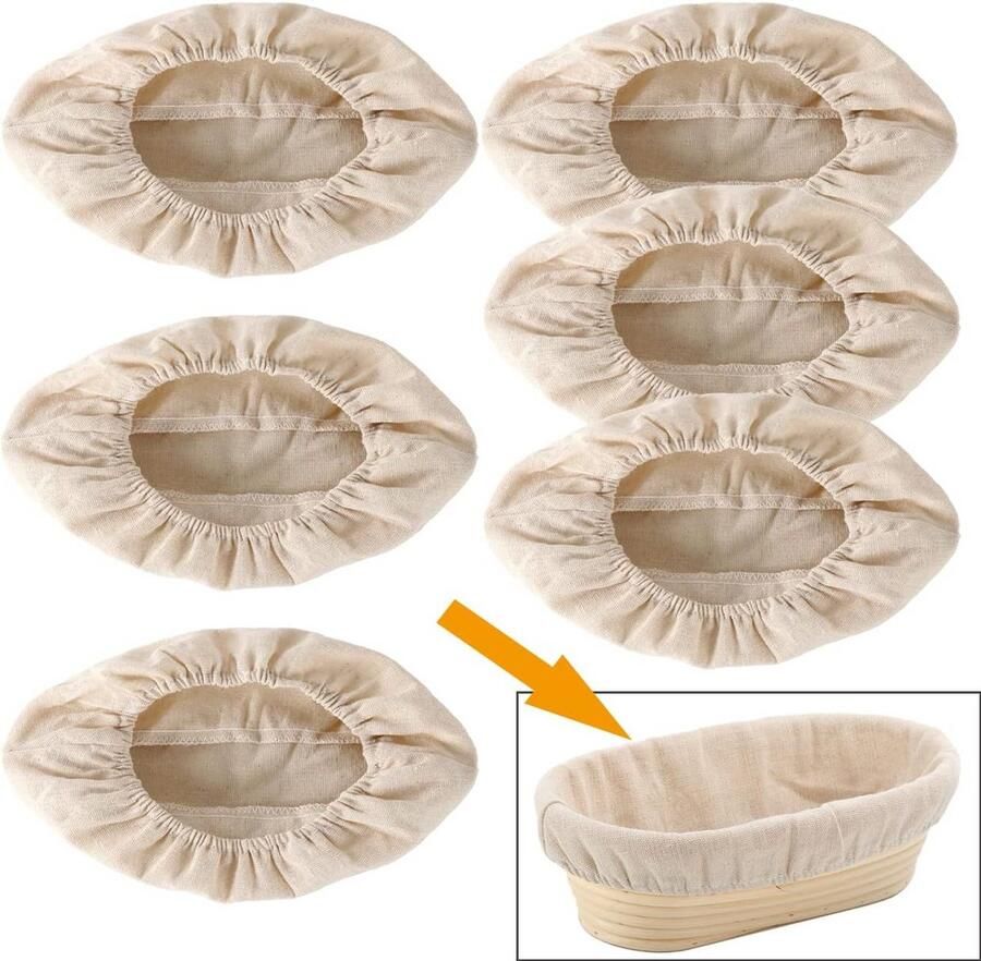 6-Delige Brood Fermentatiemand Set met Linnen Liner voor Zuurdesem en Rijzend Deeg (Ovaal 26 cm)