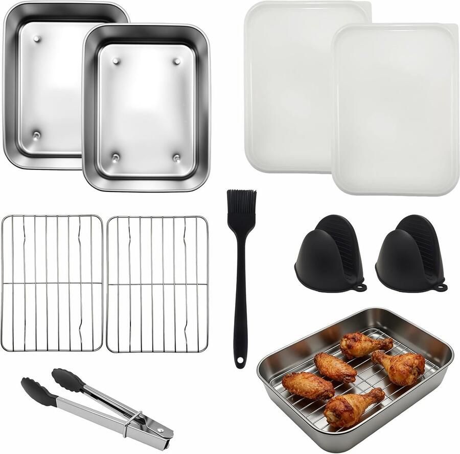 6-delige ovenschaal set voor heteluchtfriteuse met 2 dienbladen en 2 grillroosters van roestvrij staal 304 incl. tang handschoen & vetborstel compatibel met Ninja AF300EU AF400EU AF500EU