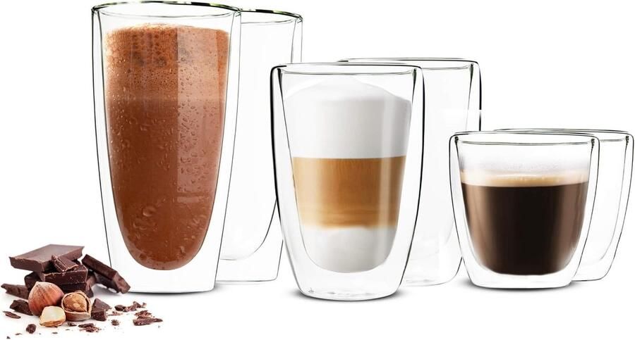 6 dubbelwandige glazen 2 x 450 ml 2 x 200 ml 2 x 90 ml koffieglazen thermoglazen latte macchiato set