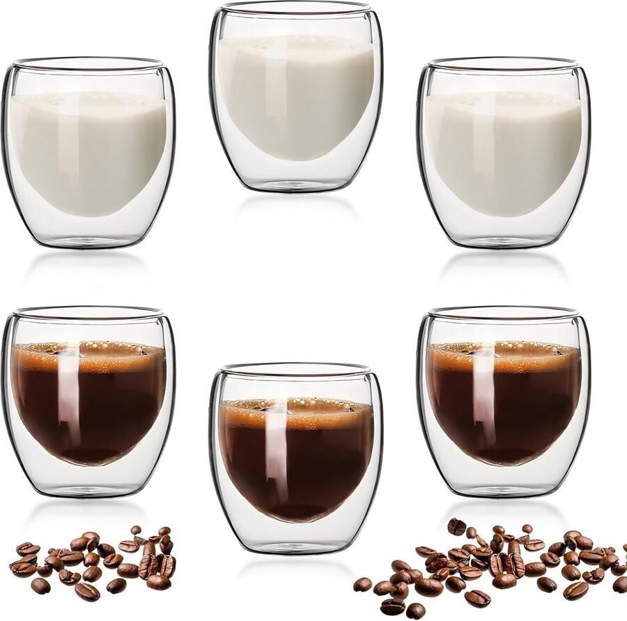 6 dubbelwandige koffieglazen van glas 80 ml geïsoleerd kleine koffiekopjes van borosilicaatglas voor espresso thee of koffie