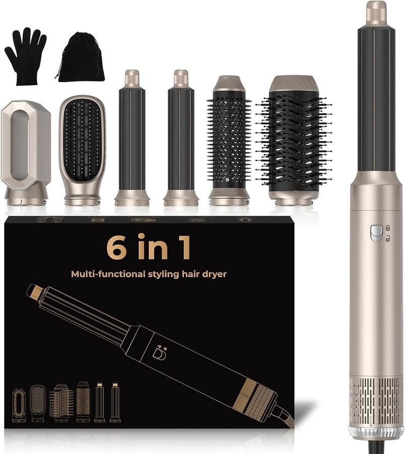 Styler Brush 6-in-1 verwarmingsborstel föhn blaasborstel airstyler krultang stijlborstel airbrush haarstyler dames champagnegoud