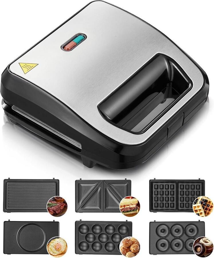 6-in-1 Sandwichmaker Wafelijzer Contactgrill en Panini-maker met Antiaanbaklaag – 750W