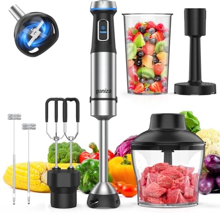 6-in-1 Staafmixer met 15 Snelheden Roestvrij Staal Inclusief 800 ml Mengbeker en 600 ml Hakmolen