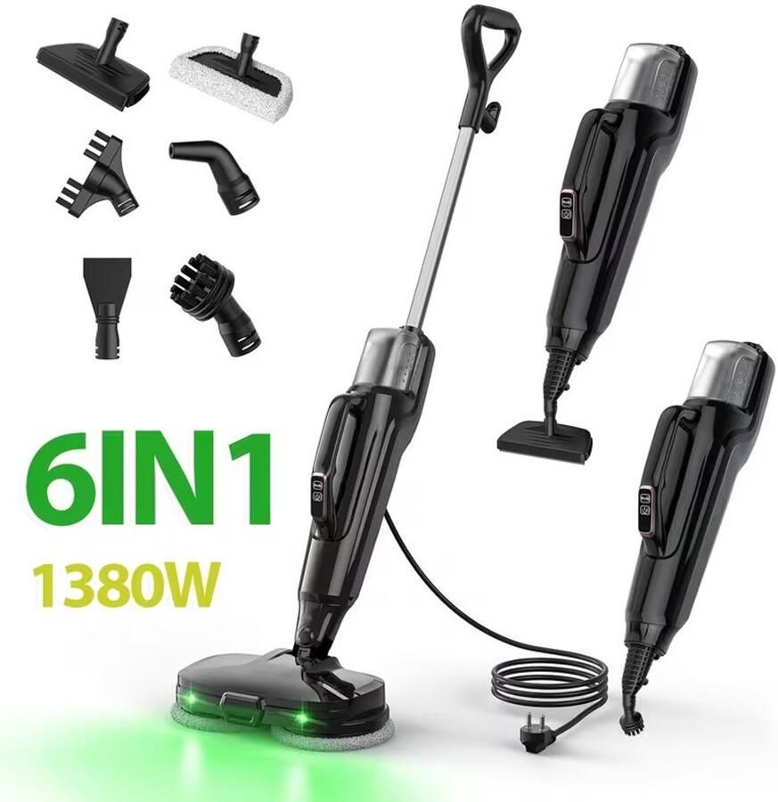 6-in-1 Stoomdweil en Handstoomreiniger met 6 Accessoires 500ml Watertank 25 min Gebruikstijd Snel Opwarmen 15s voor Hardhout Tegels Laminaat Tapijt