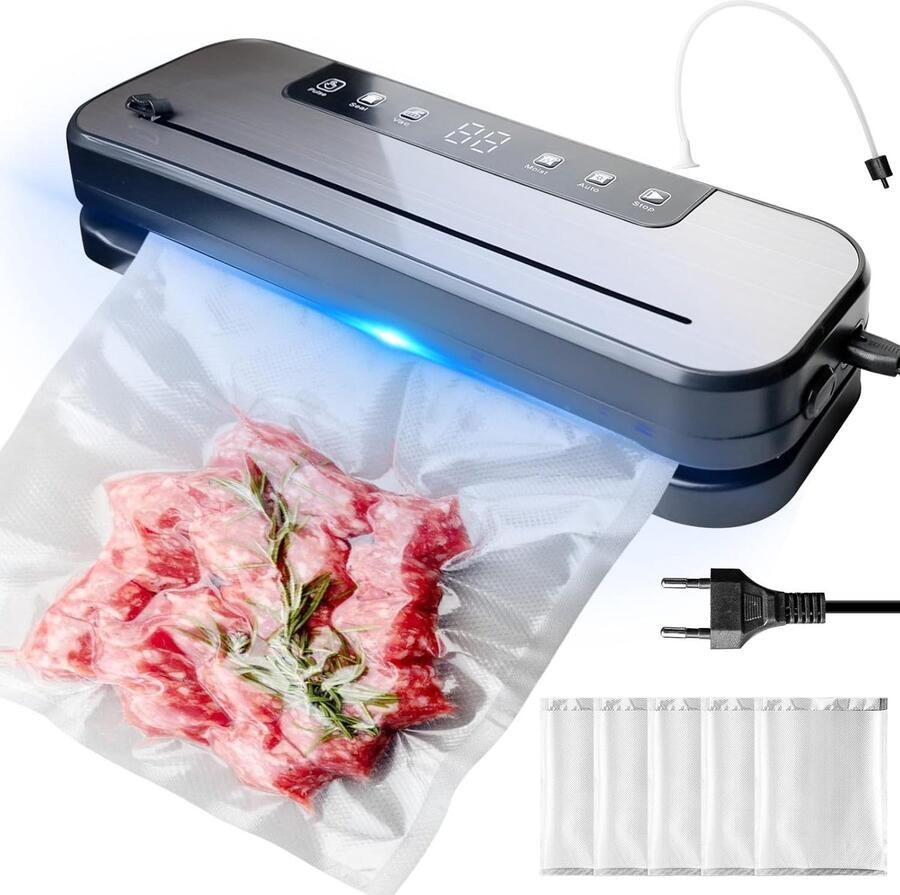 6-in-1 Vacuümmachine professionele vacuümverpakker folielasapparaat 75Kpa vacuümsealer voor levensmiddelen folielasapparaat met 50 vacuümzakken en 1 slang voor droge vochtige verse
