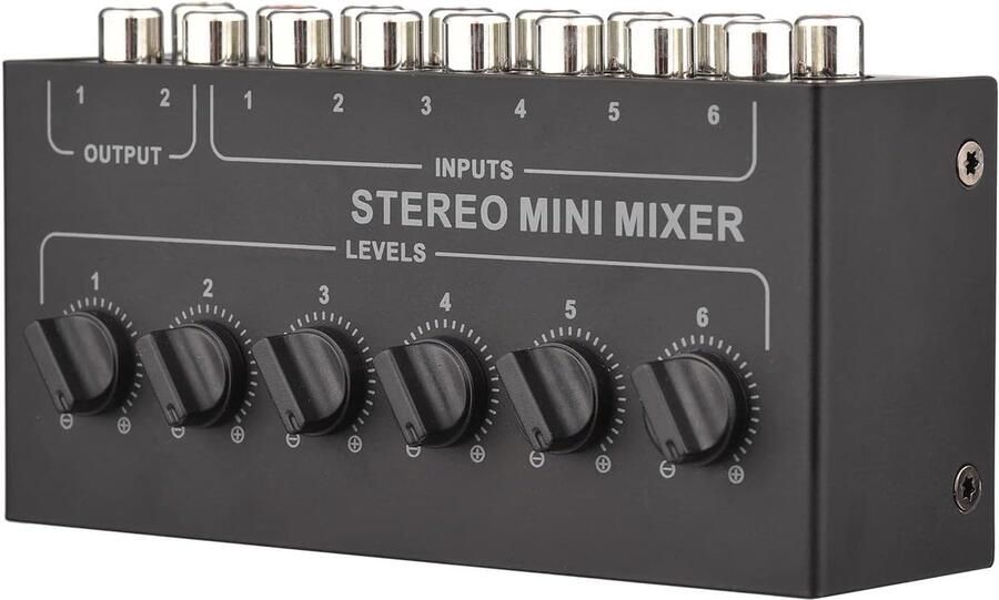 6-kanaals passieve stereo-mixer RCA audio-mixer 6 ingangen 2 uitgangen stereo-distributor volumeregeling geen batterij vereist