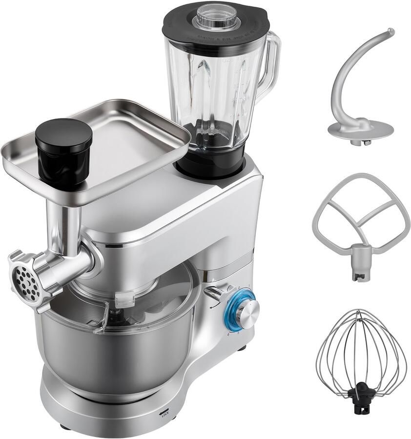 6 L Elektrische Keukenmixer met Een Vermogen van 1500 W Kantelbaar Ontwerp 6+P Snelheden Inclusief 1 5 L Blenderbeker Roestvrijstalen Kom Deeghaak Garde en Klopper voor Bakken en Mixen Zilver