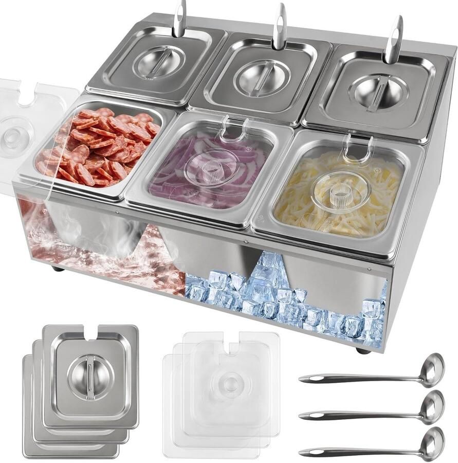6 Pans Pizza Topping Station RVS Topping Containers met Lepels voor Saus Jam en Ingrediënten in Keuken en Restaurant
