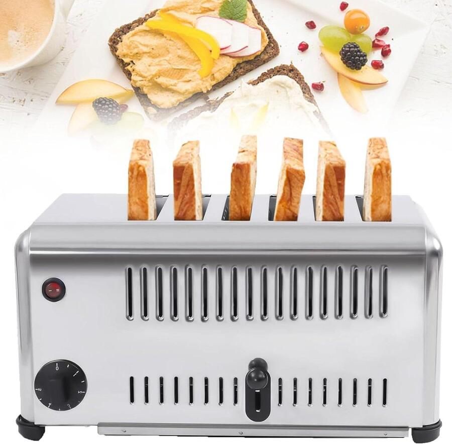 6-Slice Broodrooster Commercieel Apparaat Snel Ontbijt Extra Brede Sleuven 6 Slots Zilver