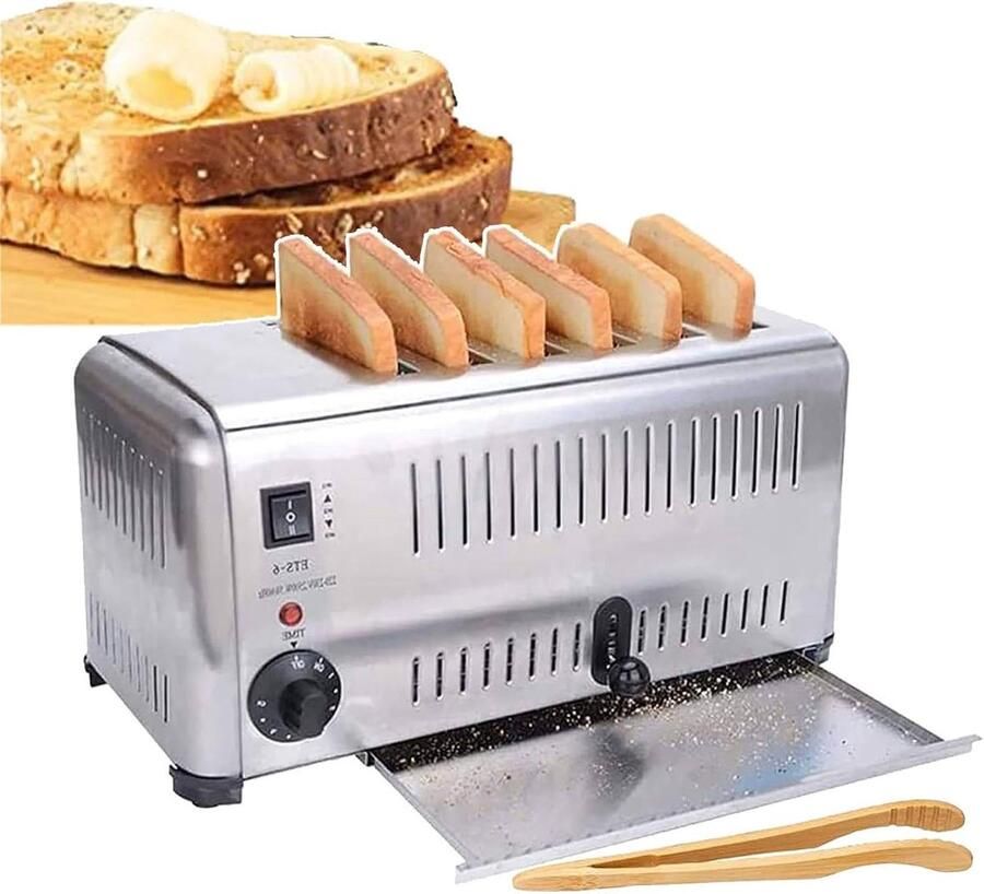 6-Slice Broodrooster Professioneel Apparaat Snel Ontbijten Onafhankelijk Bedienbaar 2500W Vermogen Zilverkleurig