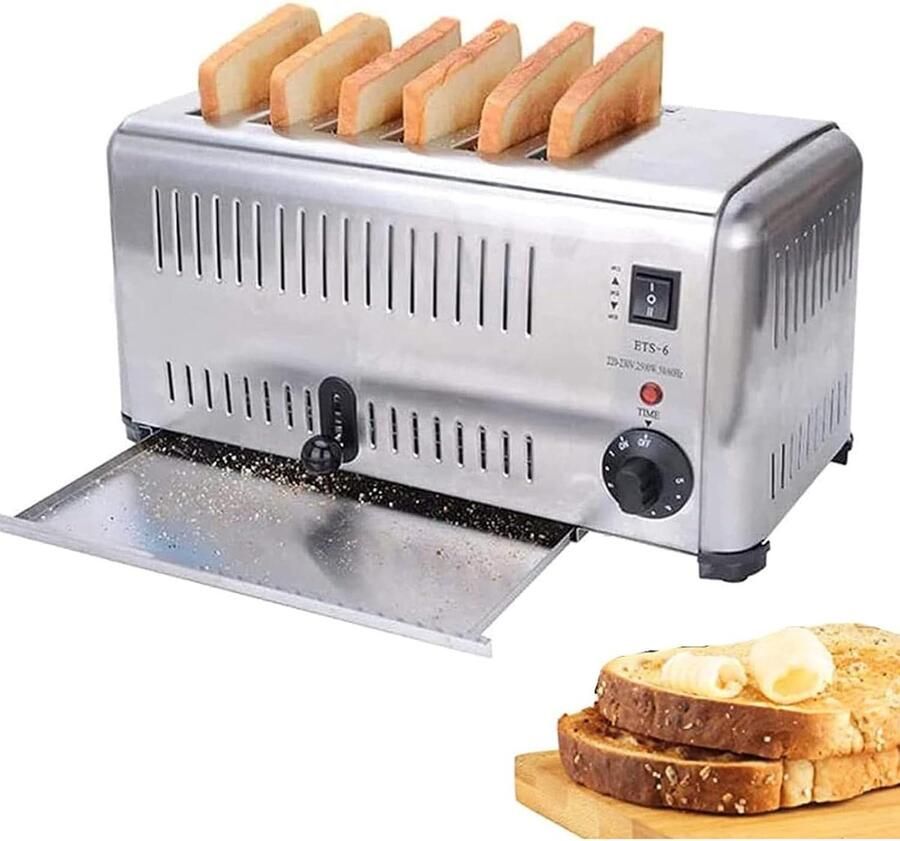 6-Slice Broodrooster Rooster RVS Snel Ontbijt Maken Extra Brede Sleuven 2500 Watt Zilverkleurig