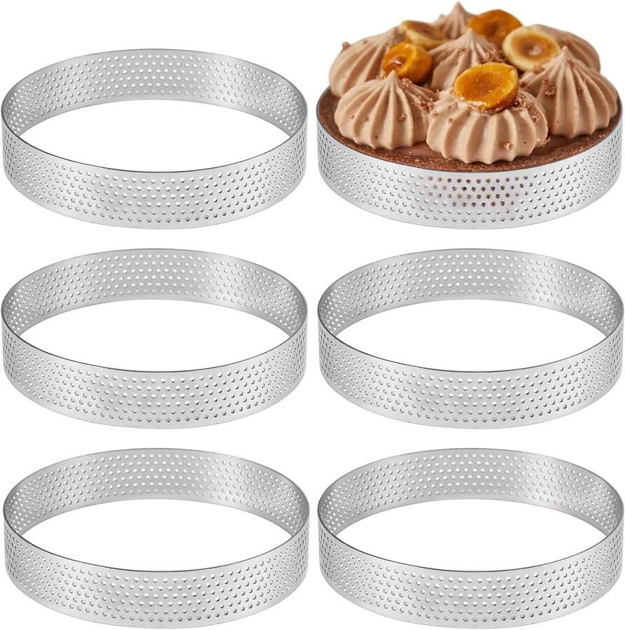 6 Stuks Ø 10 cm Taartvormpjes van RVS Perforated Mini Mousse Mallen voor Taarten Gebak en Pizzas Ideaal voor Bakken en Desserts