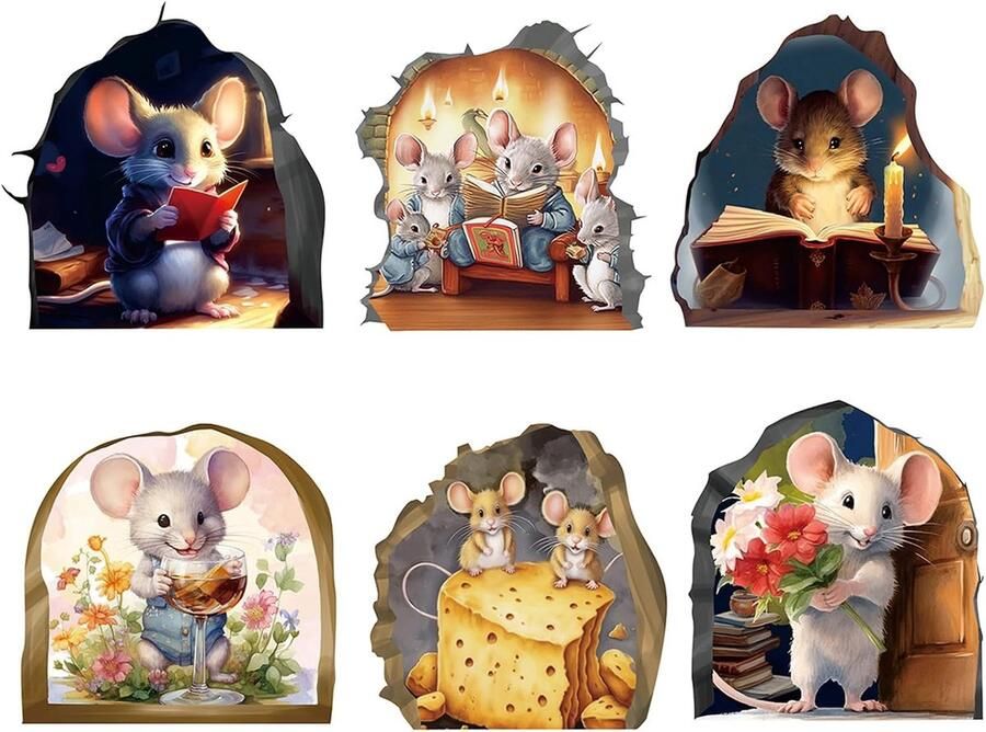 6 stuks 3D lichtgevende stickers grappige muursticker Muis in gat thema muurstickers realistische pvc-wandstickers stickers voor huis woonkamer boekenkast decor (muis)
