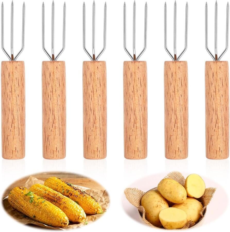 6 stuks aardappelvorken hout 10 5 cm roestvrij staal aardappelvork driepuntige maïsvork herbruikbaar draagbaar grillgereedschap voor groenten barbecuegerechten