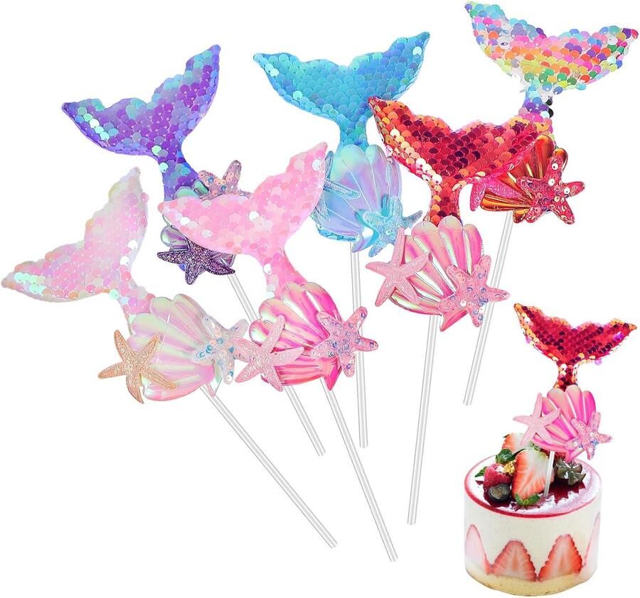 6 Stuks Delige Zeemeermin Cake Decoratie met Glinsterende Zeemeermin Staart Cupcake Toppers Geschikt voor Verjaardagsfeestjes Bruiloften Babyshowers Veilig Katoenen Materiaal