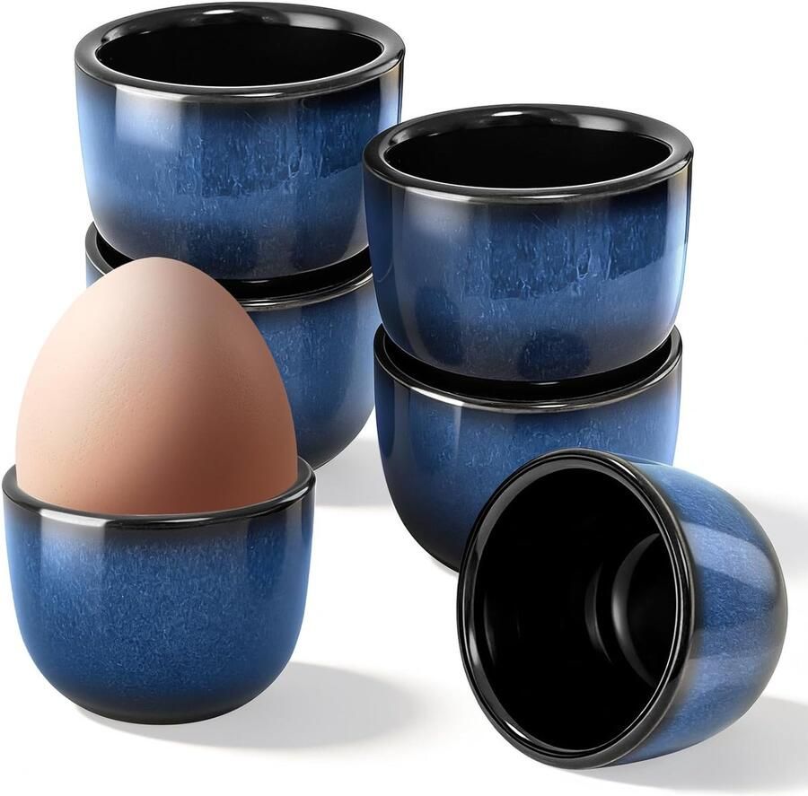 6 stuks eierdopjes porselein eierstandaard eierdopjes keramiek met blauw verloop voor ontbijt brunch diner Pasen (kattenoogblauw)