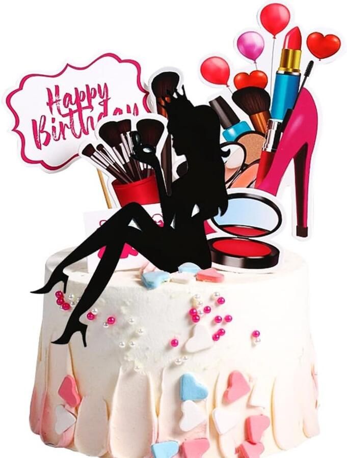 6 stuks mode meisjes make-up tools party cosmetica Happy Birthday Lady taartdecoratie make-up meisjes taartdecoratie cupcake toppers verjaardagstaart decoratie