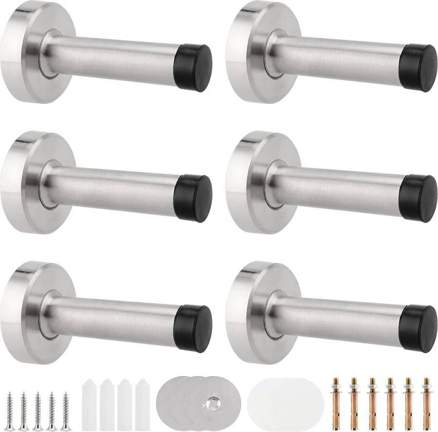 6 Stuks RVS Deurstopper met Rubber Tips en Montage Hardware Wandmontage voor Thuis en Kantoor Zilver