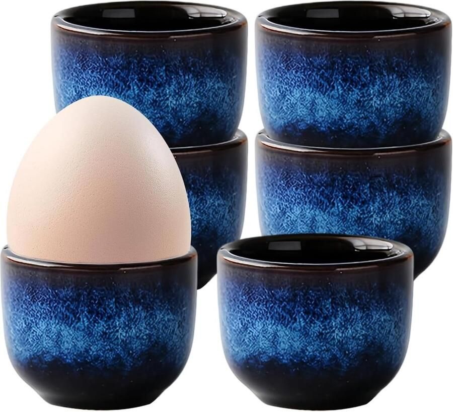 6 x eierdopjes van keramiek vaatwasmachinebestendig en magnetron-donkerblauw reactief glazuur eierdopjes voor tafel en keuken