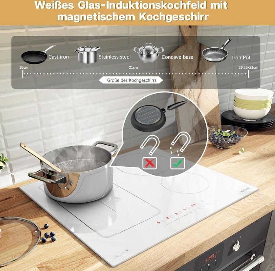 60 cm inductiekookplaat met 4 kookzones wit met stekker 220V 3500W schuifregelaar veiligheidsslot pauze 99 minuten timer boost geavanceerde zone warmhouden - Foto 2