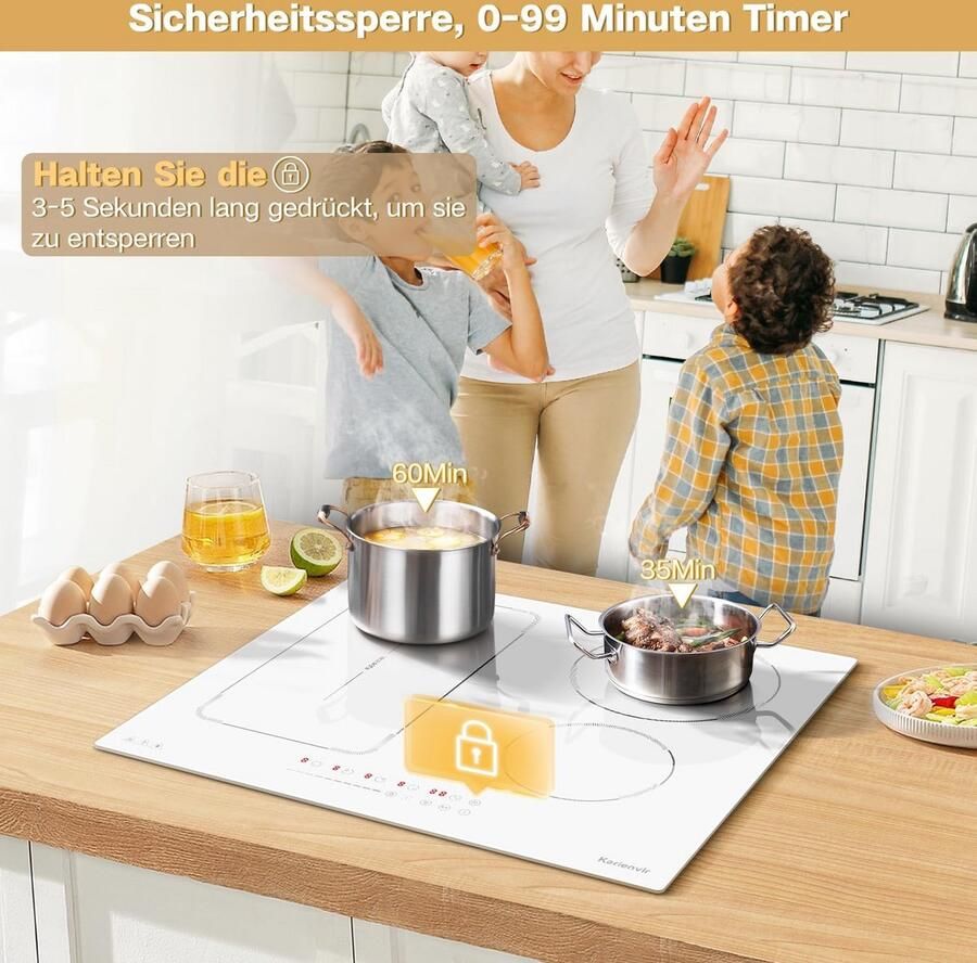 60 cm inductiekookplaat met 4 kookzones wit met stekker 220V 3500W schuifregelaar veiligheidsslot pauze 99 minuten timer boost geavanceerde zone warmhouden