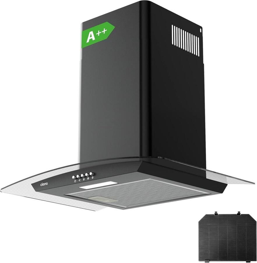 60 cm Zwarte Afzuigkap met Rvs 650 m³ h Extractievermogen Wandmontage en Binnenkringloop