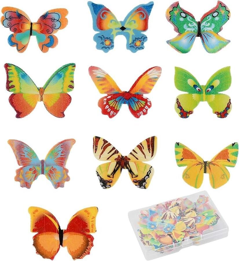 60 decoratieve vlinders van eetbaar rijstpapier eetbaar voor taarten meerkleurig voor verjaardagen bruiloften en doopfeesten 3D-opzetstukken met opbergdoos (4 5 x 3 5 cm)