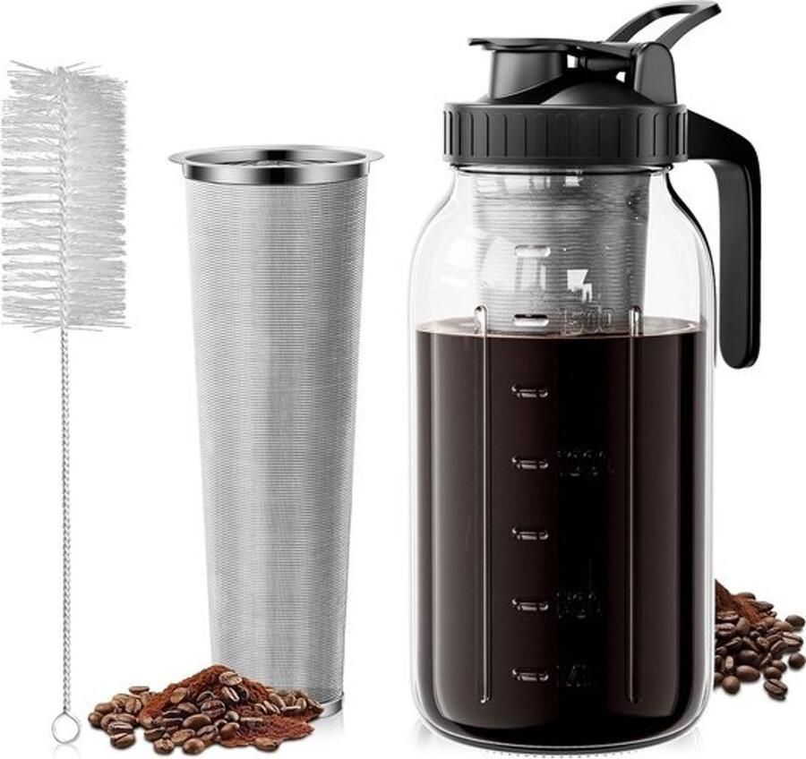 60 oz Cold Brew Koffiezetapparaat Heavy Duty Iced Coffee Maker met Roestvrij Staal Zeef