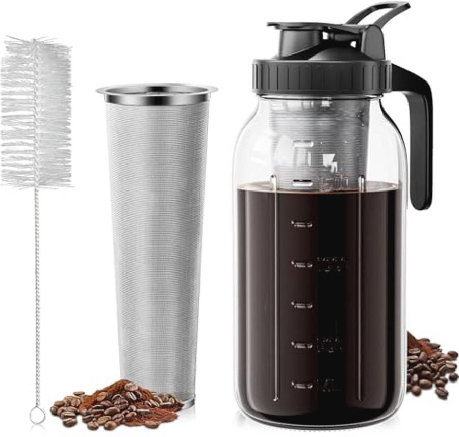 60 oz Cold Brew Koffiezetapparaat Heavy Duty Iced Coffee Maker met Roestvrij Staal Zeef