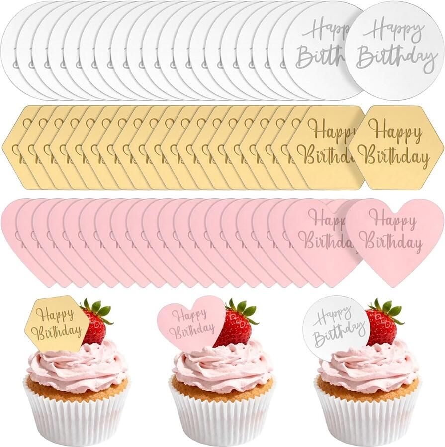 60 stuks Happy Birthday cupcake-toppers 3 kleuren taartdecoratie acryl cupcake-toppers voor verjaardagsfeest taartdecoratie goud zilver roségoud