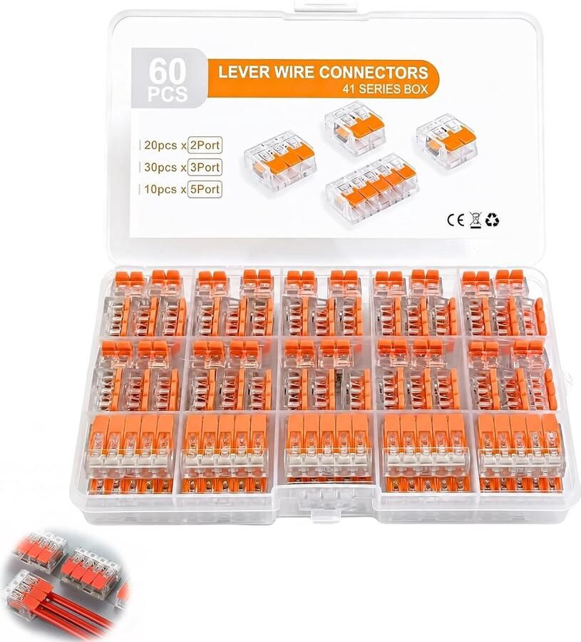 60 stuks kabelverbinders kabelklemmen elektrische kroonluchterklemmen met bedieningshendel 412 413 415 polig kan vrij gecombineerd worden voor vaste flexibele kabels 2-polig