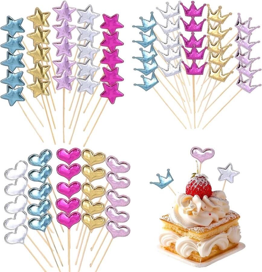 60 Stuks Muffin Decoratie Ster Harten Kroon PU Glitzer Cupcake Decoratie Kleurrijke Muffin Decoratie Verjaardag Bruiloft Meisjes Party Benodigd