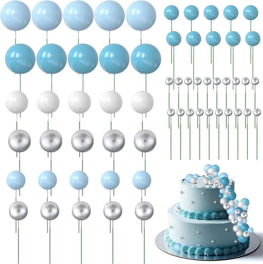 60 stuks taartdecoratieballen blauw zilver wit cupcake-decoratie taartpops verjaardagstaart herbruikbaar en geschikt voor levensmiddelen