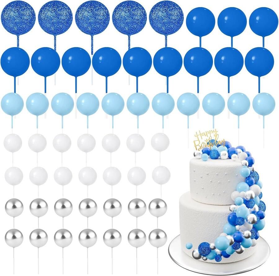 60 stuks taarttoppers mini-ballonnen taarttoppers voor taartdecoratie verjaardag feest babyshower (glitter blauwe serie)