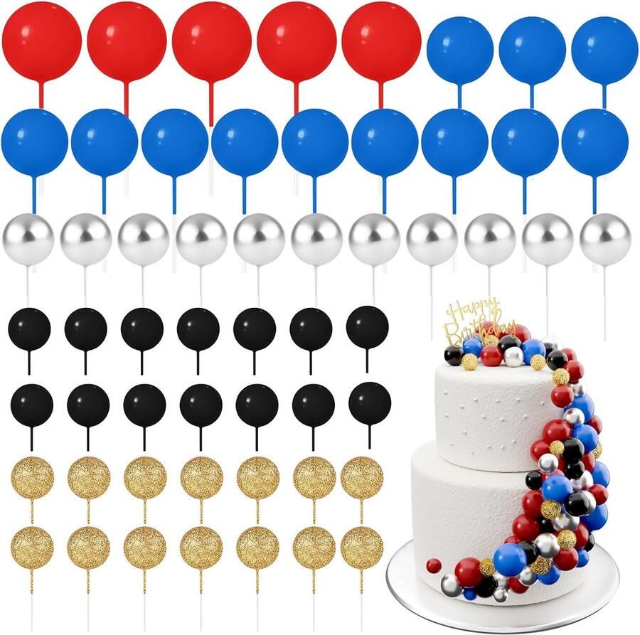 60 stuks taarttoppers mini-ballonnen taarttoppers voor taartdecoratie verjaardag feest babyshower (glitter rood-blauwe serie)