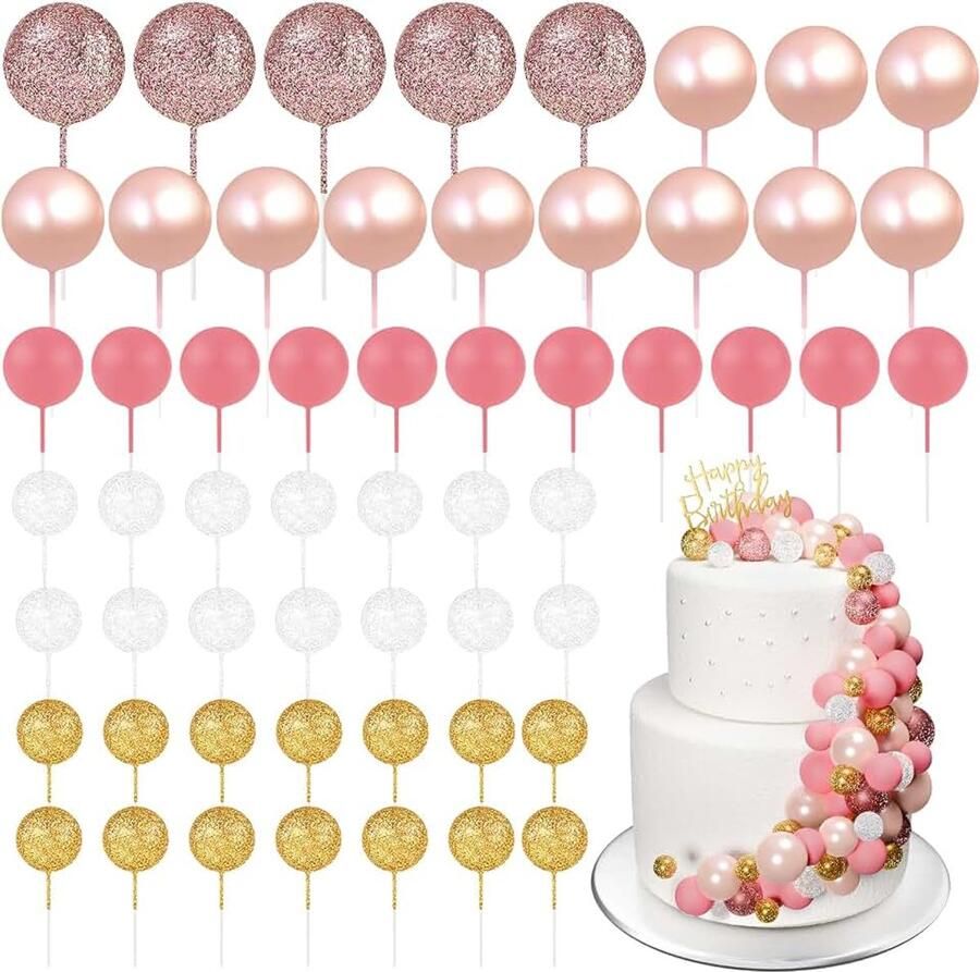 60 stuks taarttoppers mini-ballonnen verjaardag feest babyshower (glitter roze-goud-wit)