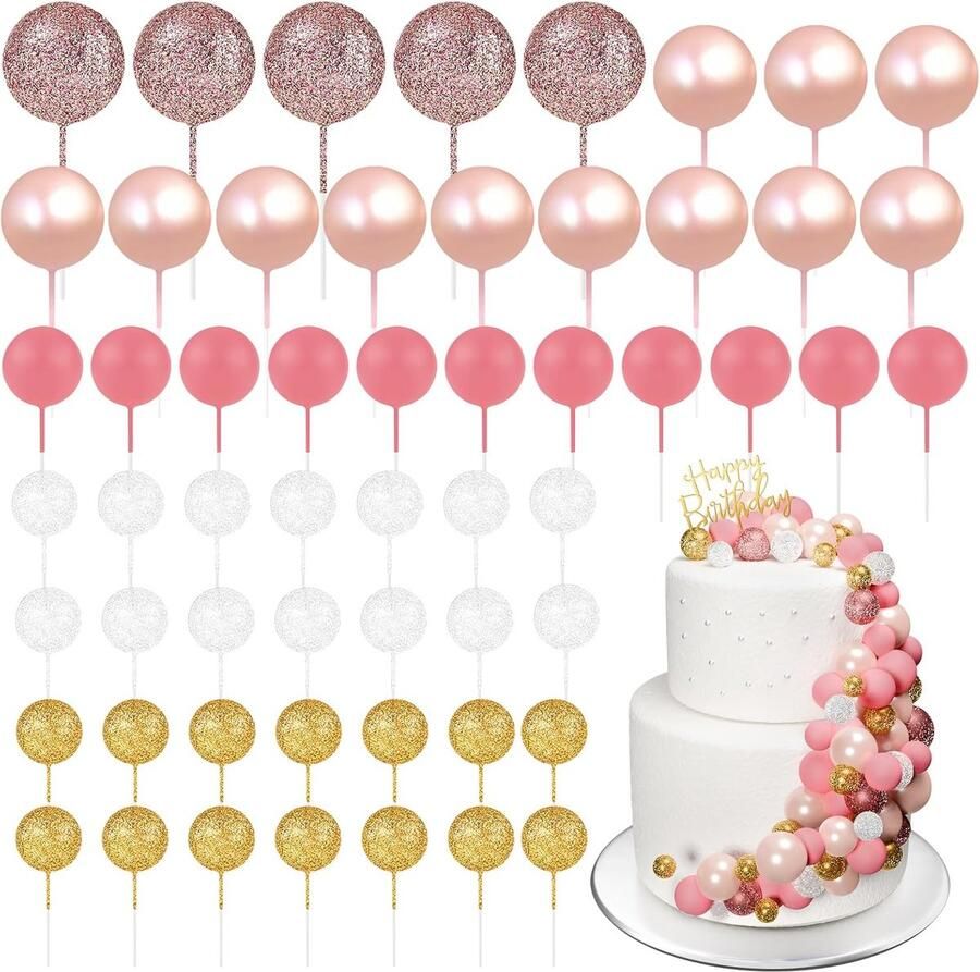 60 stuks taarttoppers mini-ballonnen verjaardag feest babyshower (glitter roze-goud-wit)