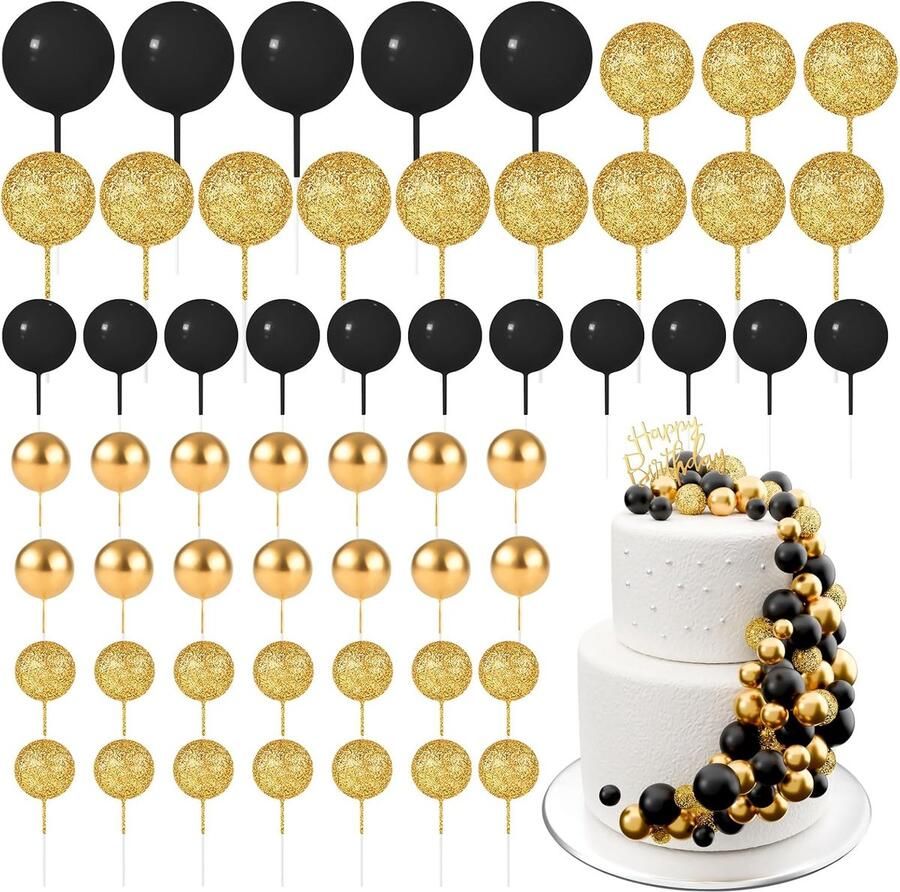 60 stuks taarttoppers mini-ballonnen verjaardag feest babyshower (Glitter Zwart-Goud)