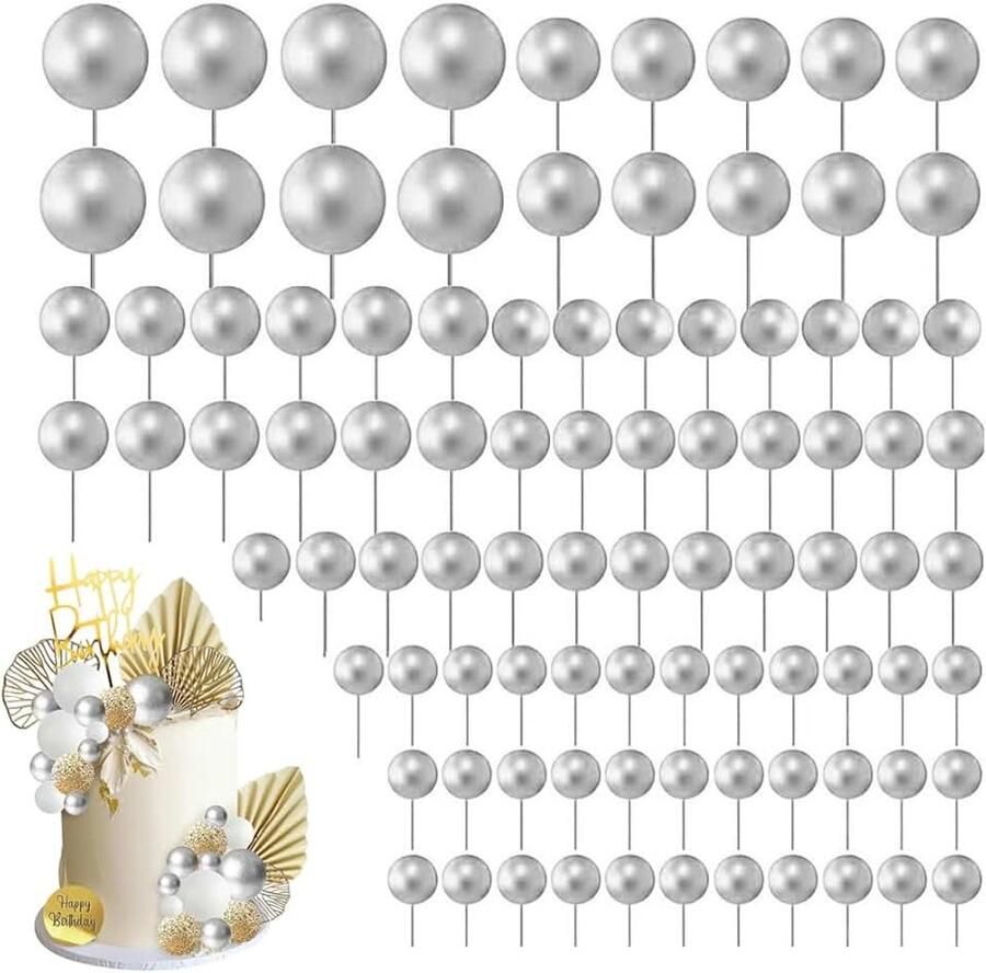 60 stuks taarttoppers taartdecoratie ballen mini-ballonnen taarttopper voor bruiloft feest babyshower verjaardag taartdecoratie (zilver)