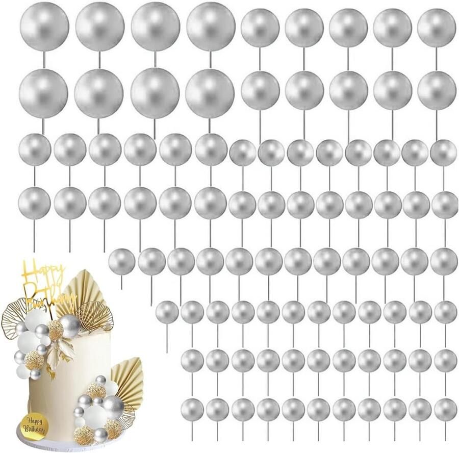 60 stuks taarttoppers taartdecoratie ballen mini-ballonnen taarttopper voor bruiloft feest babyshower verjaardag taartdecoratie (zilver)